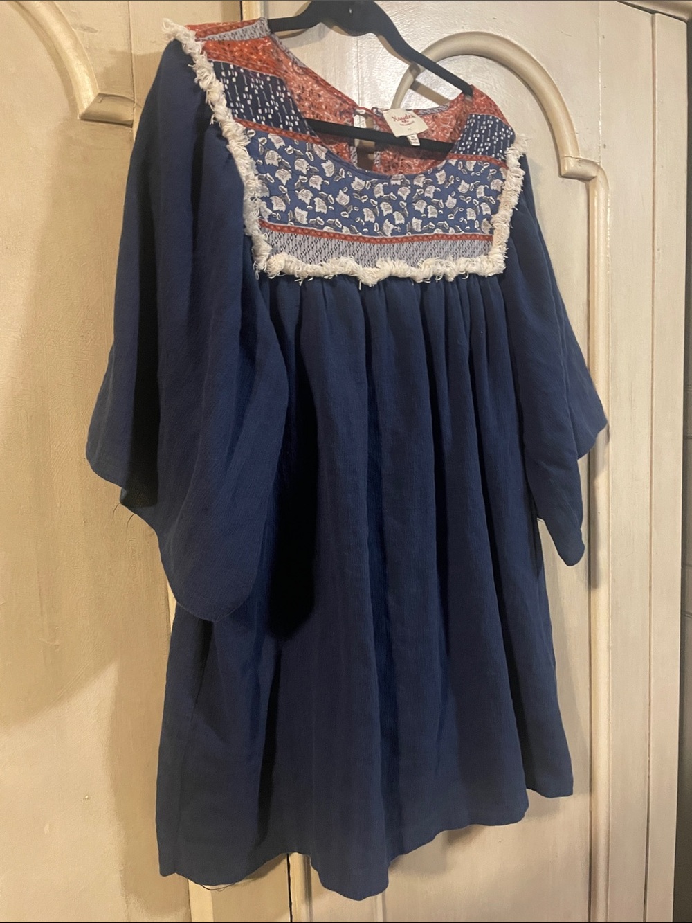 Navy Embroidered Square-Yoke Peasant Blouse with Rust Accents